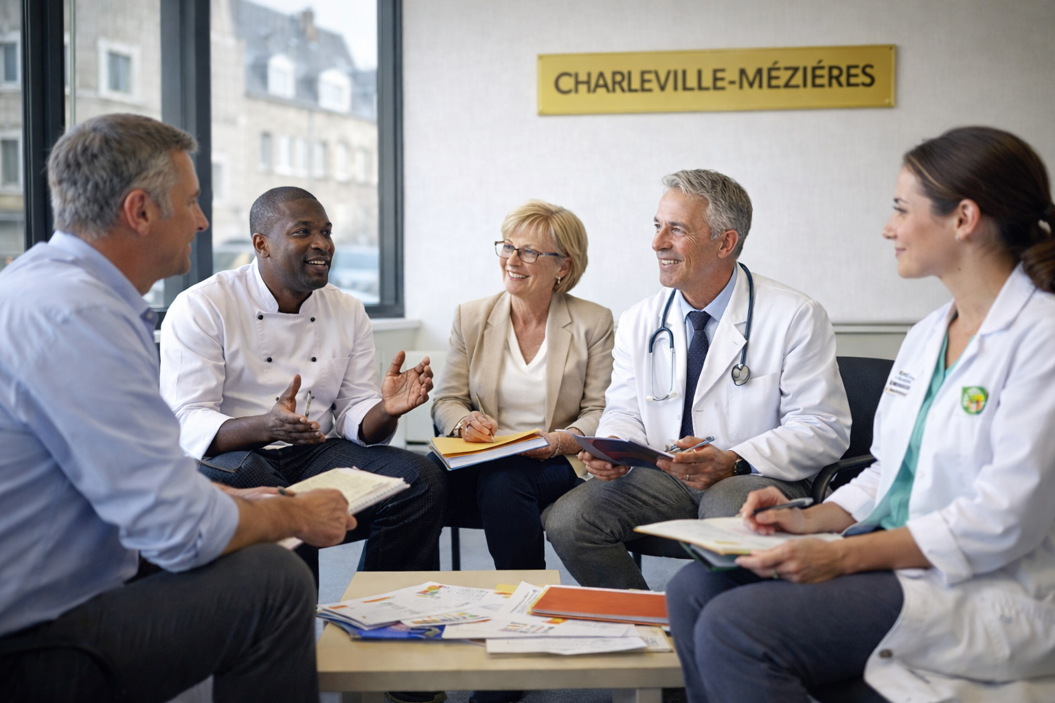 Un groupe de professionnels en tenue décontractée et médicale, assis en cercle, discutent de documents dans une pièce lumineuse.