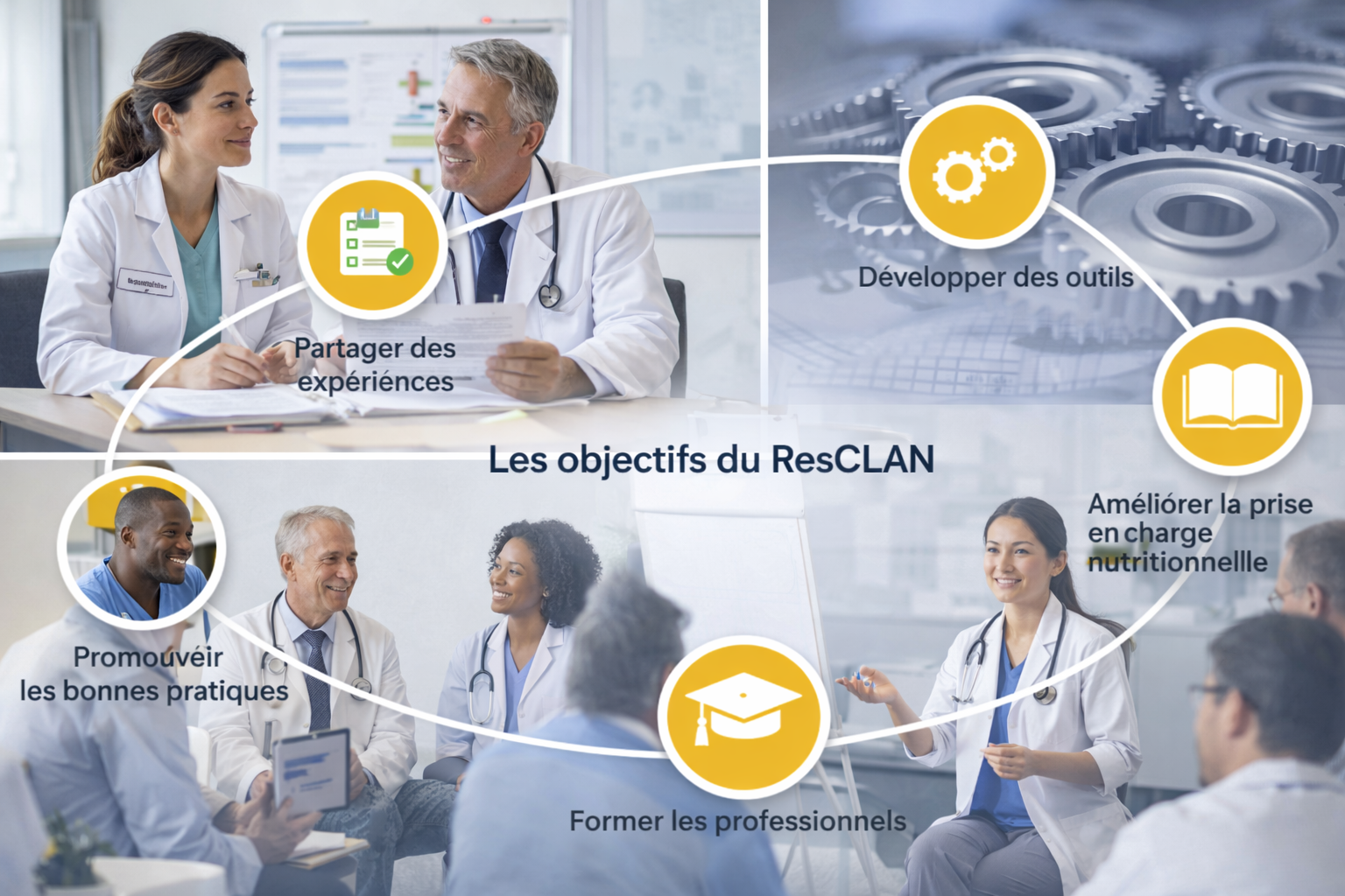 Une infographie intitulée « Les objectifs du ResCLAN » présentant des professionnels de la santé et des icônes pour la collaboration et la formation.