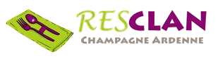 Logo pour RESCLAN Champagne Ardenne, représentant une serviette verte avec une fourchette et une cuillère, et un texte en violet et gris.