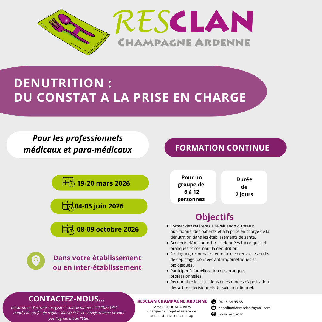 Affiche de l'événement RESCLAN Champagne Ardenne : formation sur la malnutrition pour les professionnels de santé, dates en 2026.