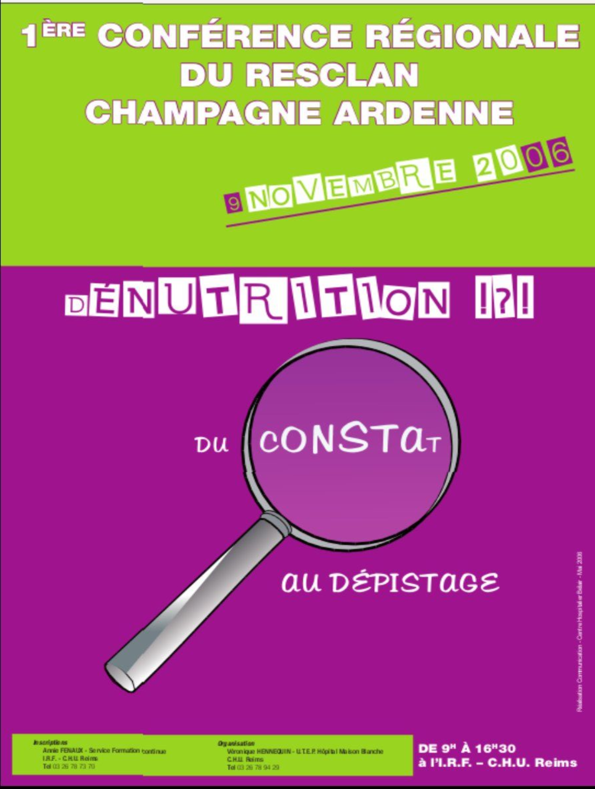 Conference poster: "1ère Conférence Régionale du Resclan" in Champagne Ardenne, November 2006, about malnutrition screening.