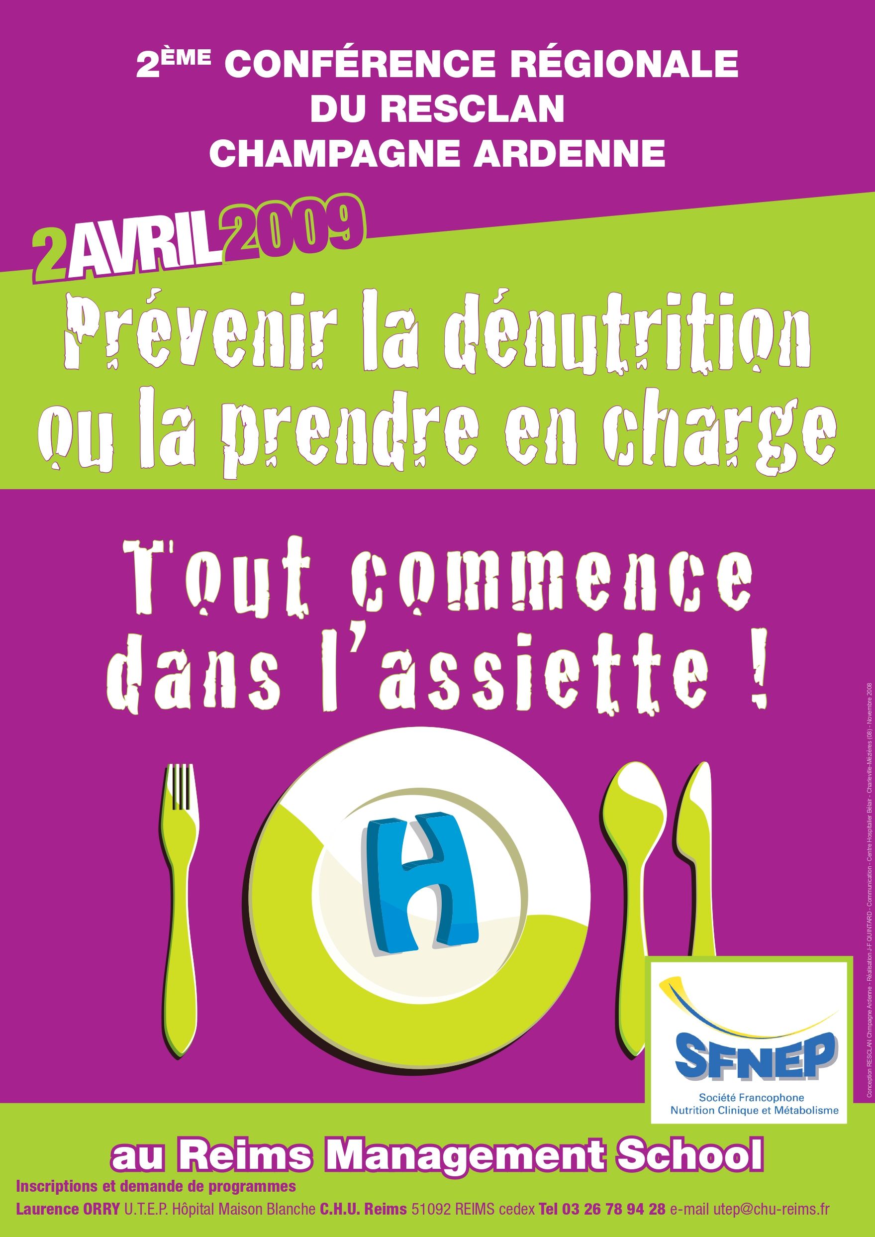 Une affiche événementielle violette et verte pour une conférence sur la malnutrition de 2009 à Reims, présentant un couvert avec la lettre H.