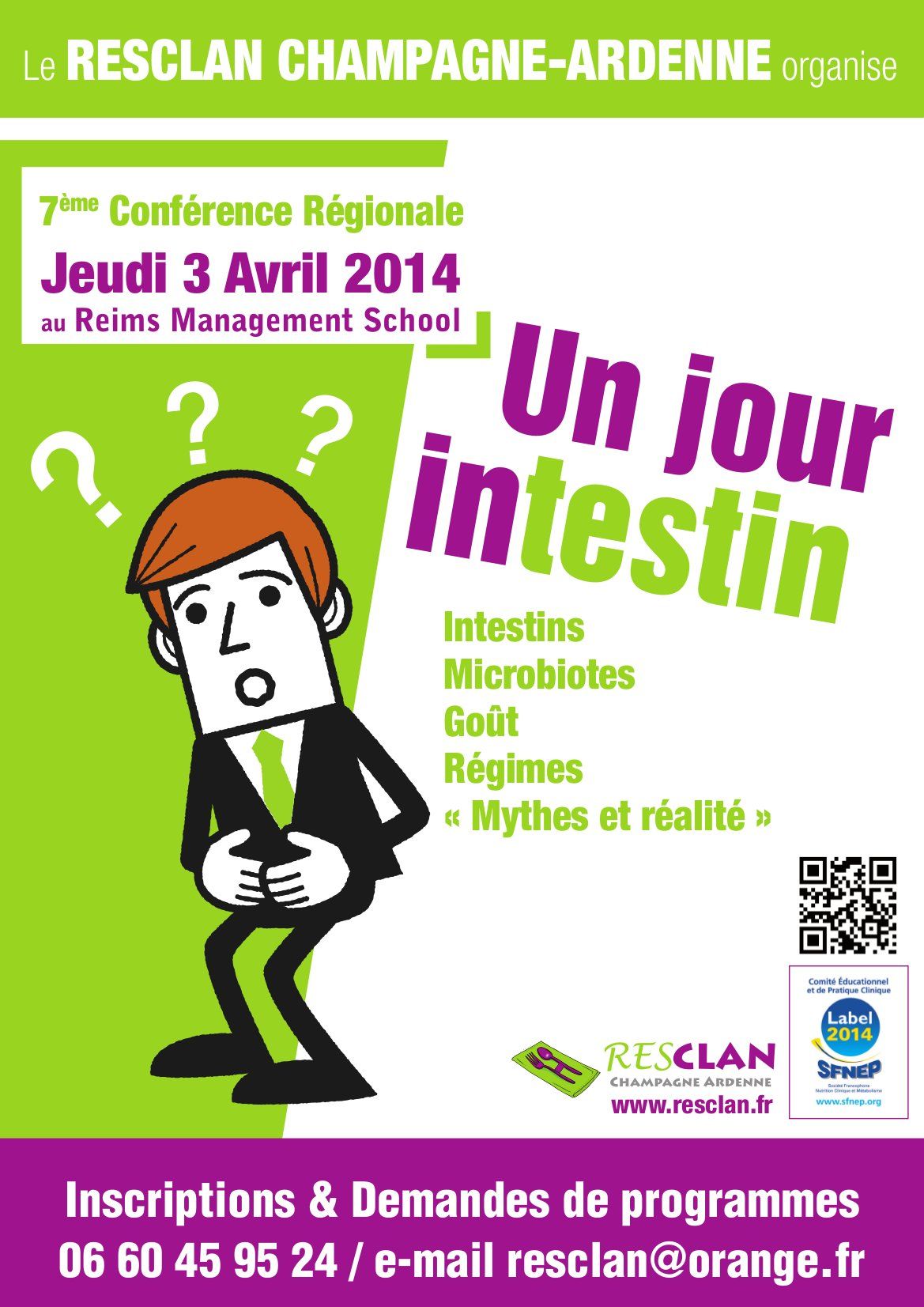Affiche pour une conférence médicale sur la santé intestinale le 3 avril 2014, représentant un personnage de dessin animé se tenant l'abdomen.