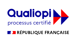 Logo de certification Qualiopi avec le symbole de la République française Marianne et un motif triangulaire rouge et bleu.