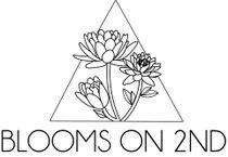 Black and white logo with floral arrangement inside triangle, "Blooms on 2nd" below.