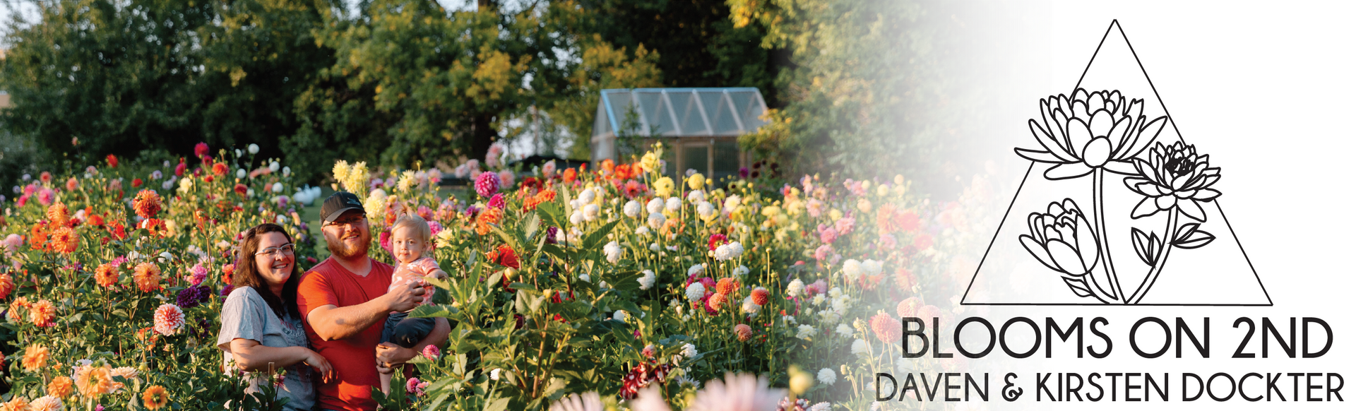Family in a flower garden with a logo that says 