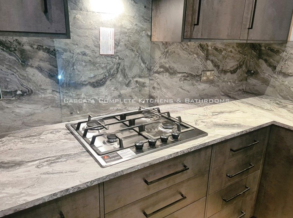 stratus marble kitchen,  marble splashback, hob, cascata, morpeth