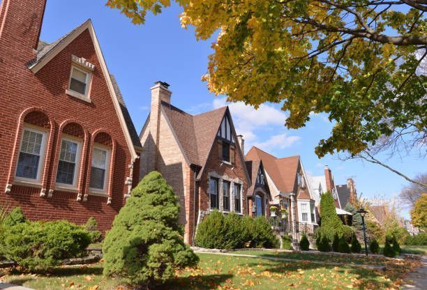 A row of brick houses are lined up next to each other