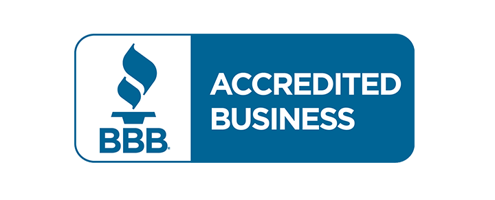 The bbb logo is blue and white and says accredited business.