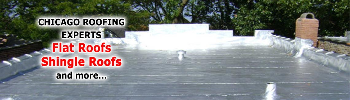 An ad for chicago roofing experts flat roofs shingle roofs and more