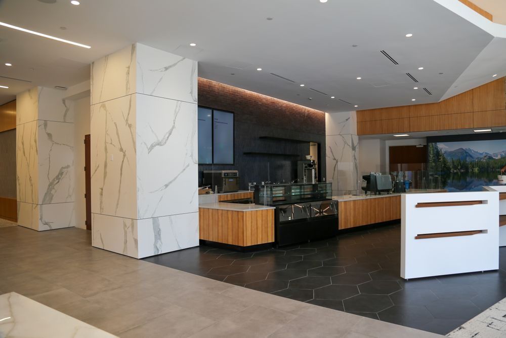 There is a counter in the middle of the room