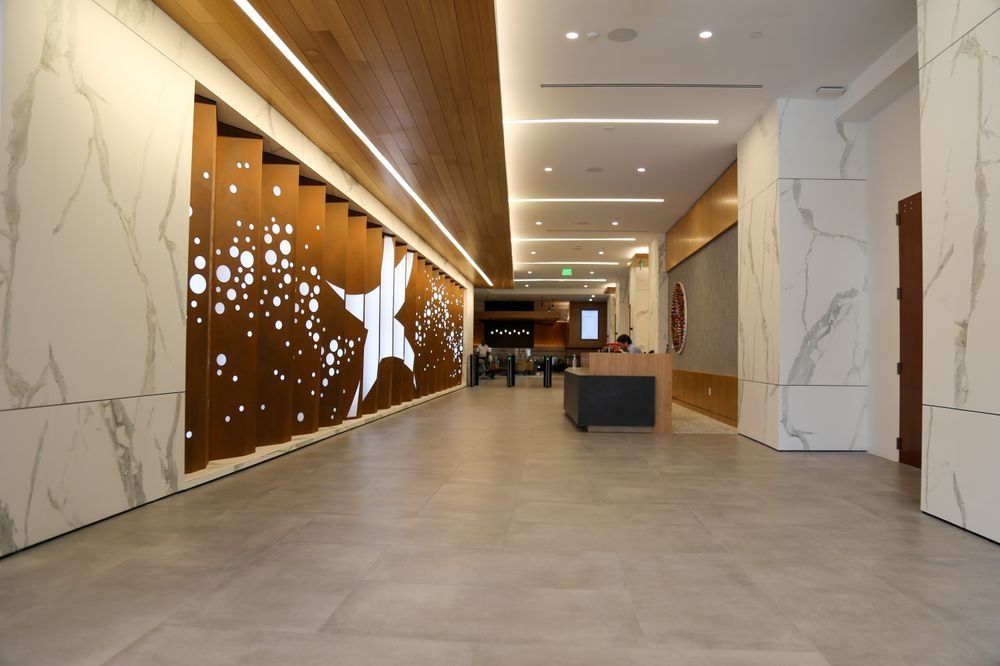 A long hallway with a large star on the wall