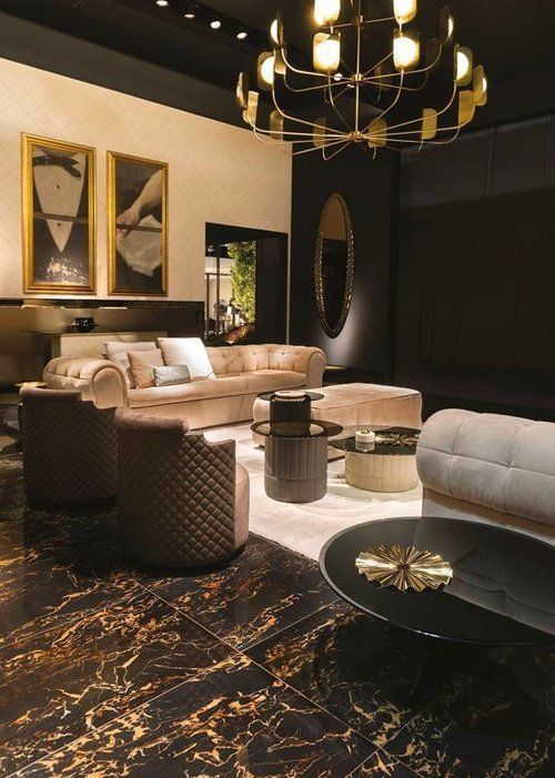 A living room filled with furniture and a chandelier