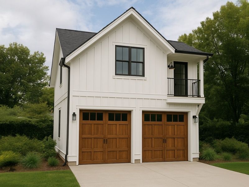 A white house with two wooden garage doors and a balcony.