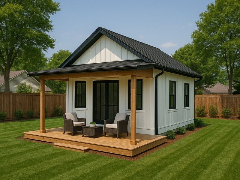 A small white house with a porch and chairs in the backyard.