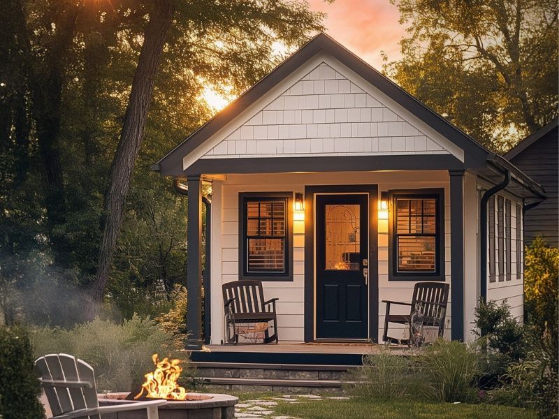 A small white house with a fire pit in front of it