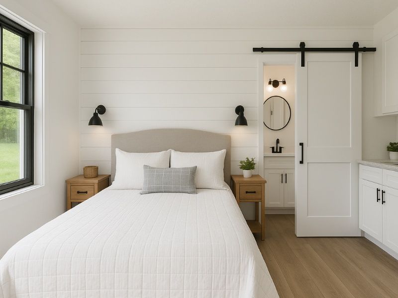 A bedroom with a bed , nightstands , and a sliding barn door leading to a bathroom.