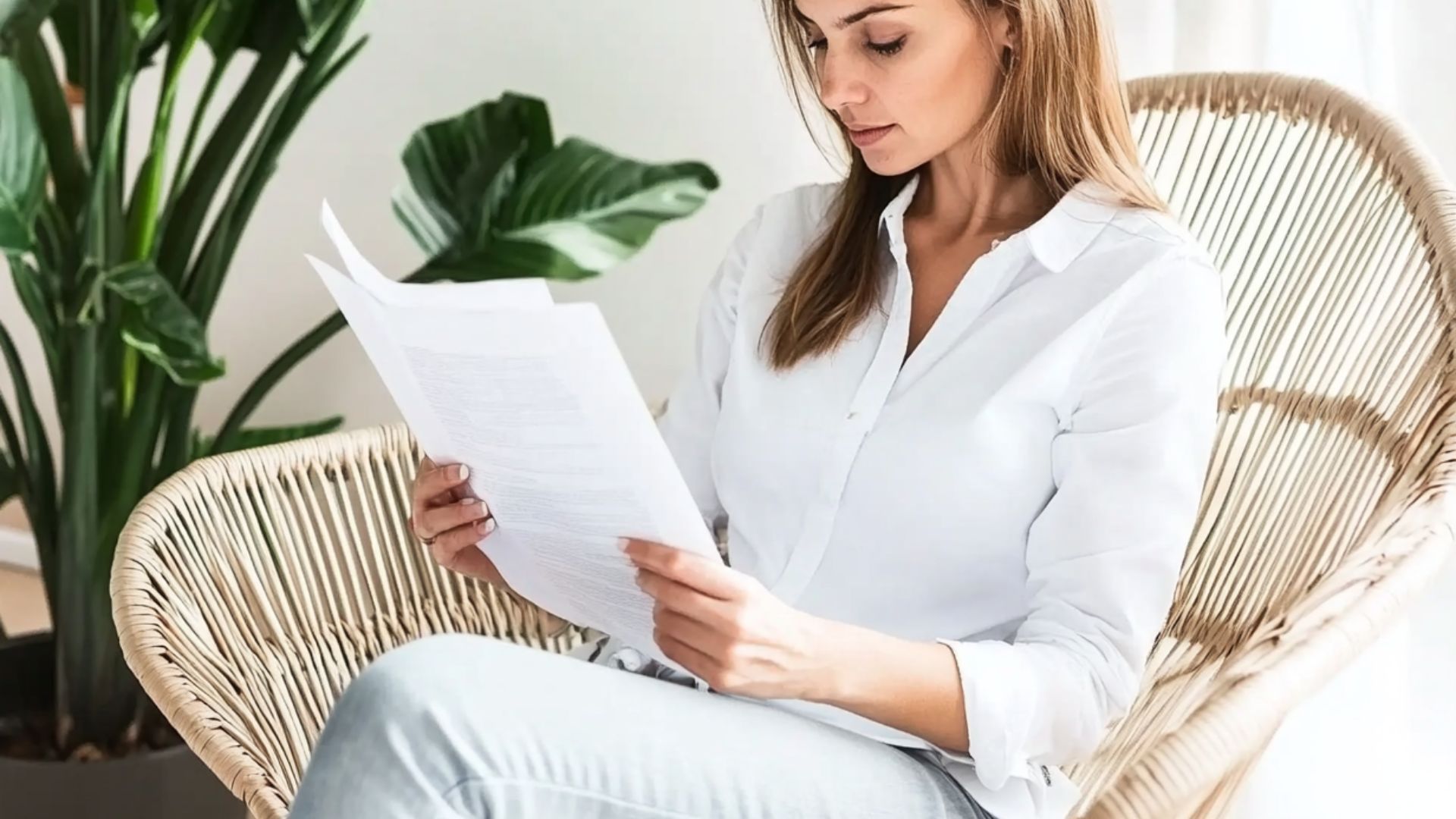 A woman is sitting in a wicker chair reading a book.