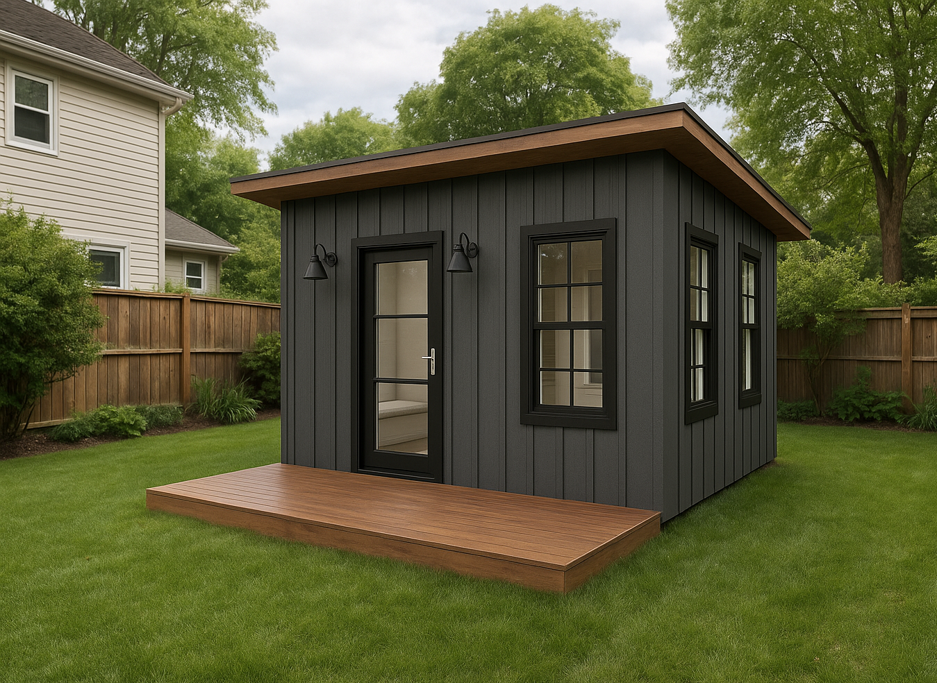 A small shed with a wooden deck in the backyard of a house.