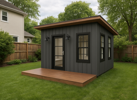 A small shed with a wooden deck in the backyard of a house.