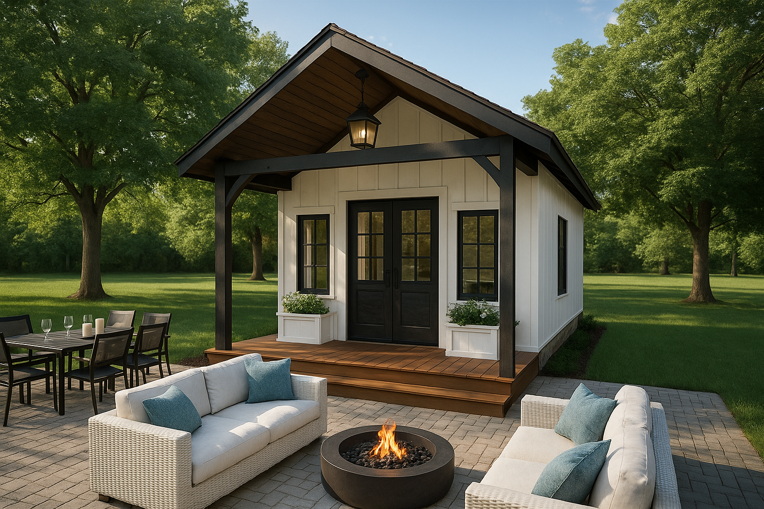 A small white house with a fire pit in front of it