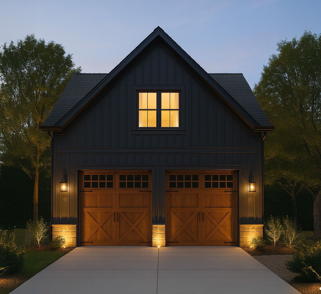 A black garage with wooden doors and a window