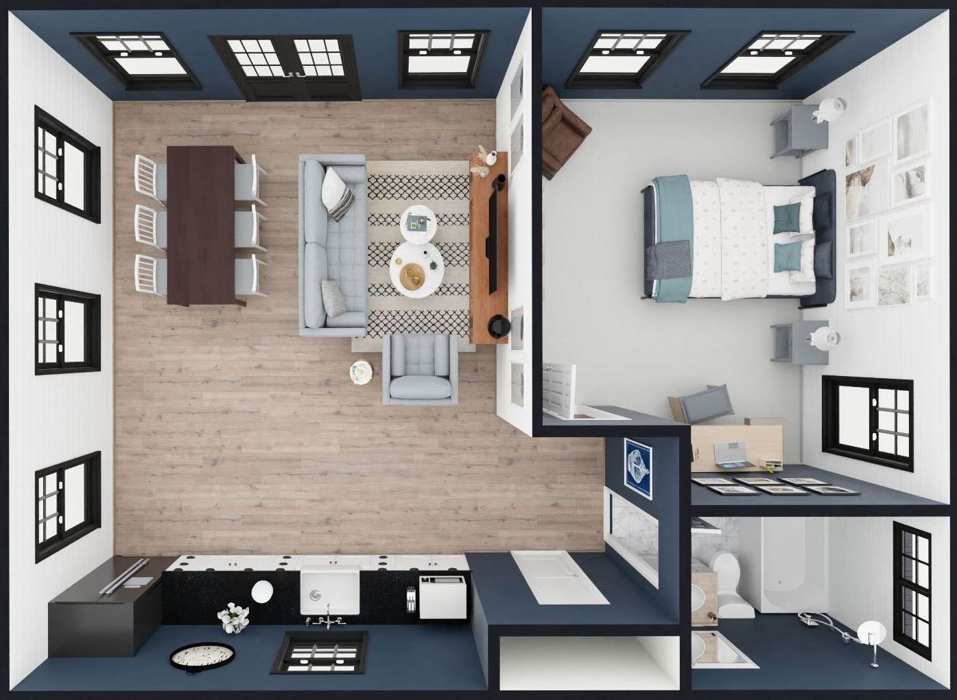 An aerial view of a house with a bedroom , living room , and kitchen.