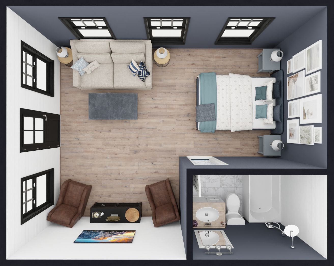 An aerial view of a bedroom with a couch and chairs