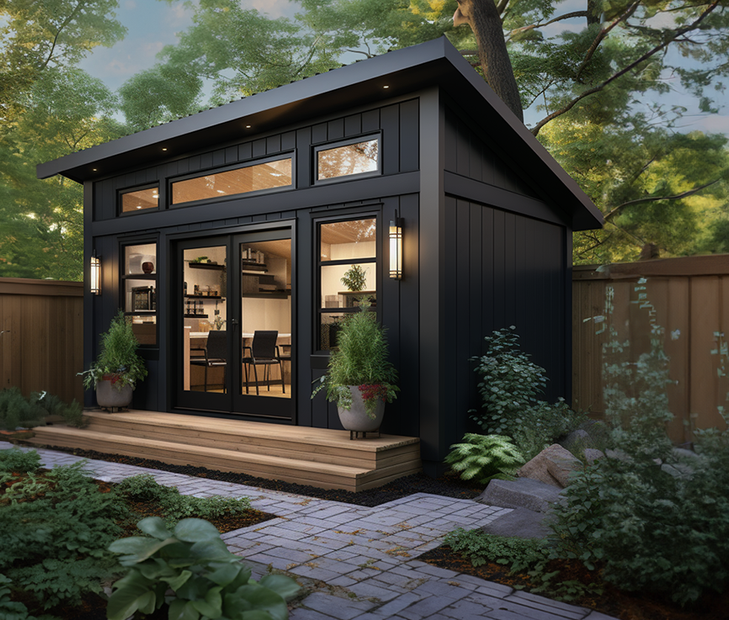 A black shed with a lot of windows and doors