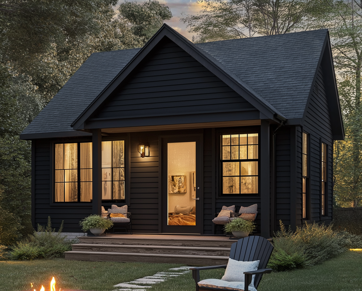 A small black house with a chair in front of it