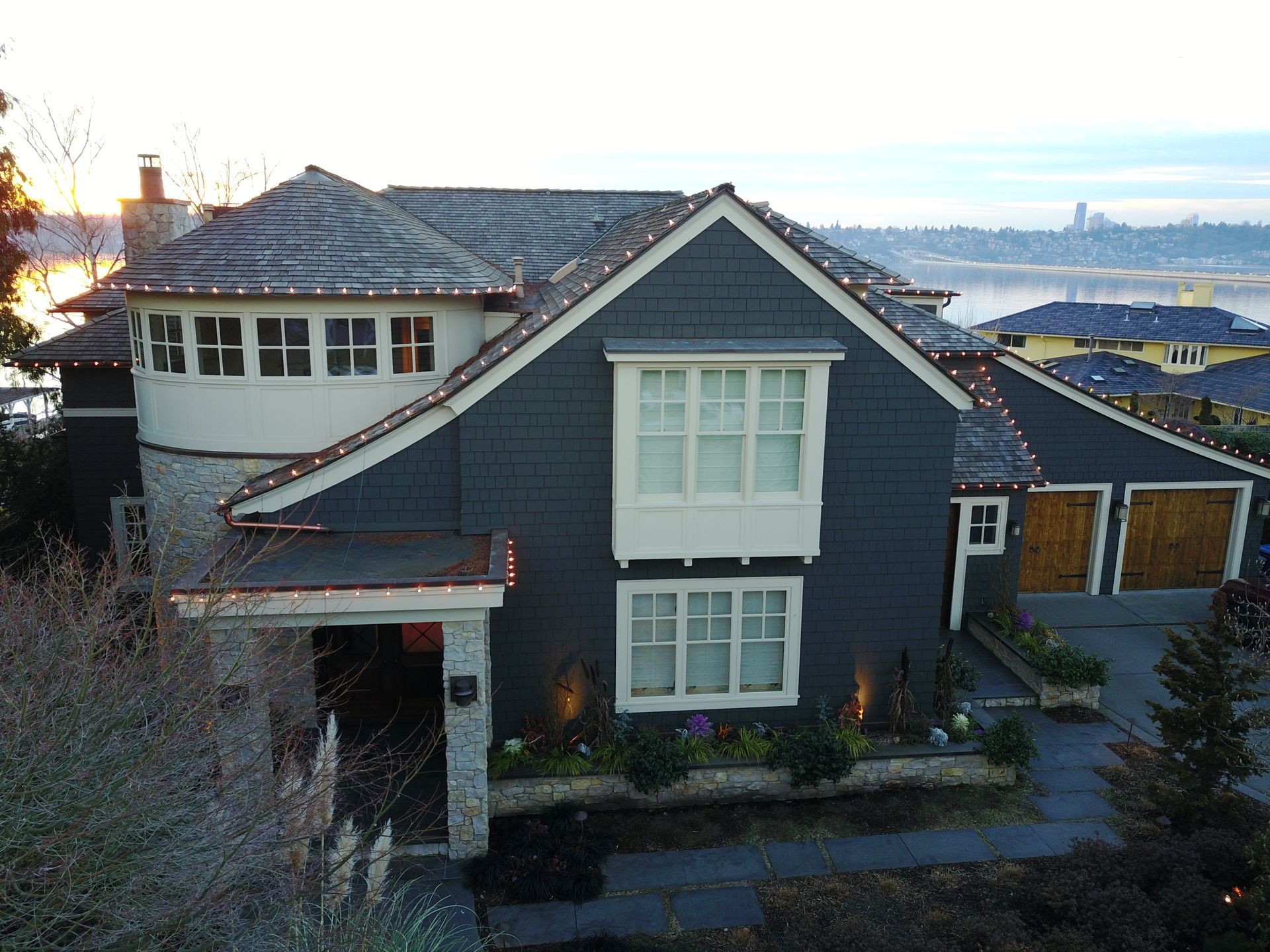 An aerial view of a large house with a lot of windows