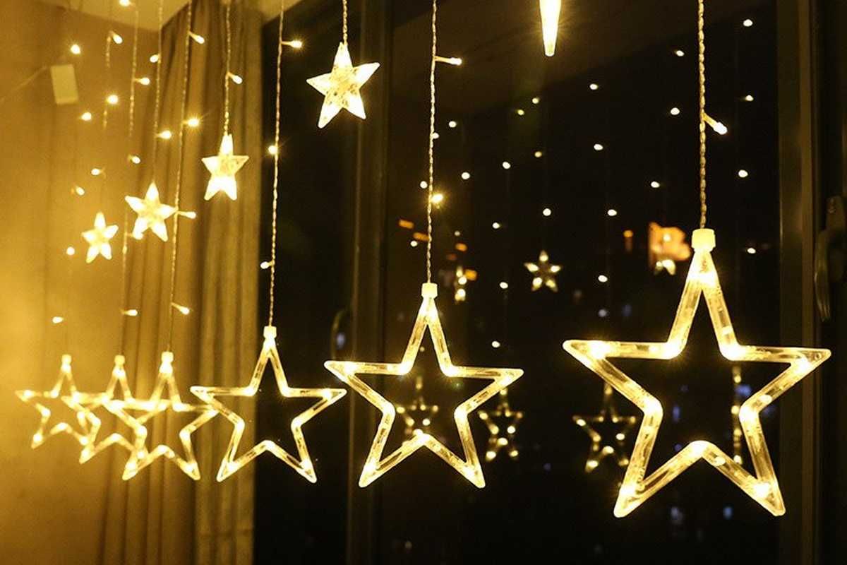 Indoor Christmas window lights Seattle - warm white LED star curtain lights for holiday decoration