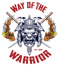a logo for way of the warrior with a samurai helmet and crossed swords