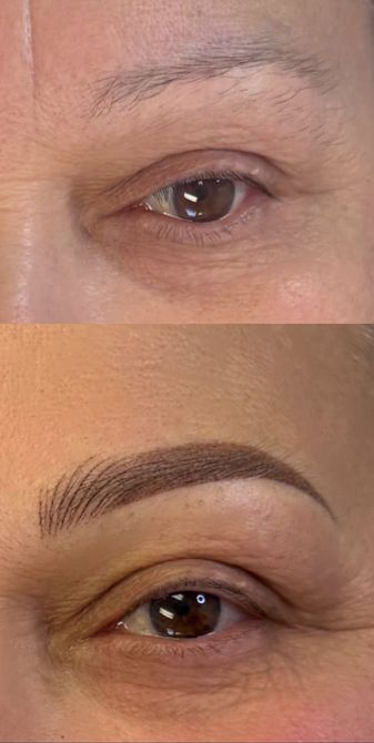 Before and after of an eyebrow transformation. One eye with sparse brows, the other with filled and shaped brows.