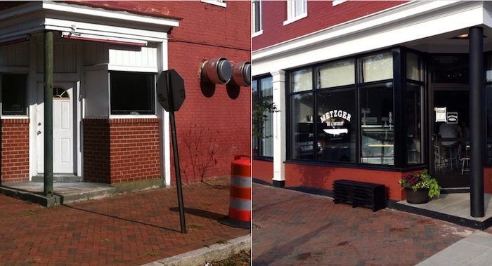Side by side Street view photos of fireplace in 801-803 N 23rd Street before and after renovations