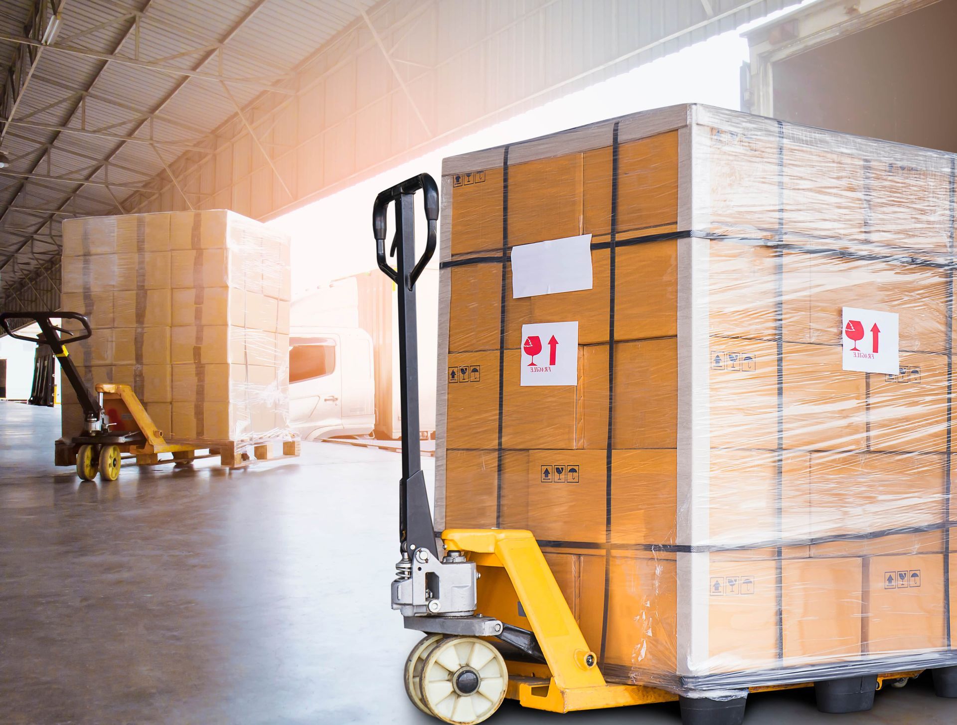Warehouse forklifts moving stacked pallets of boxed goods wrapped in plastic