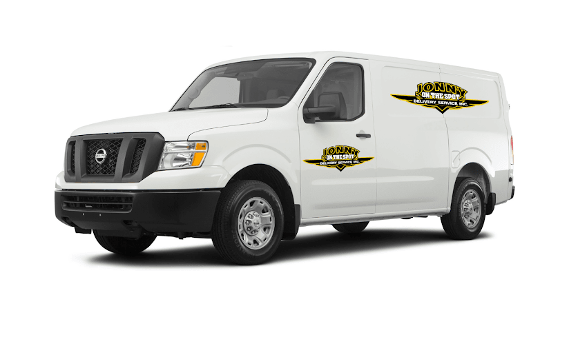 White cargo van with black and gold logos on a white background