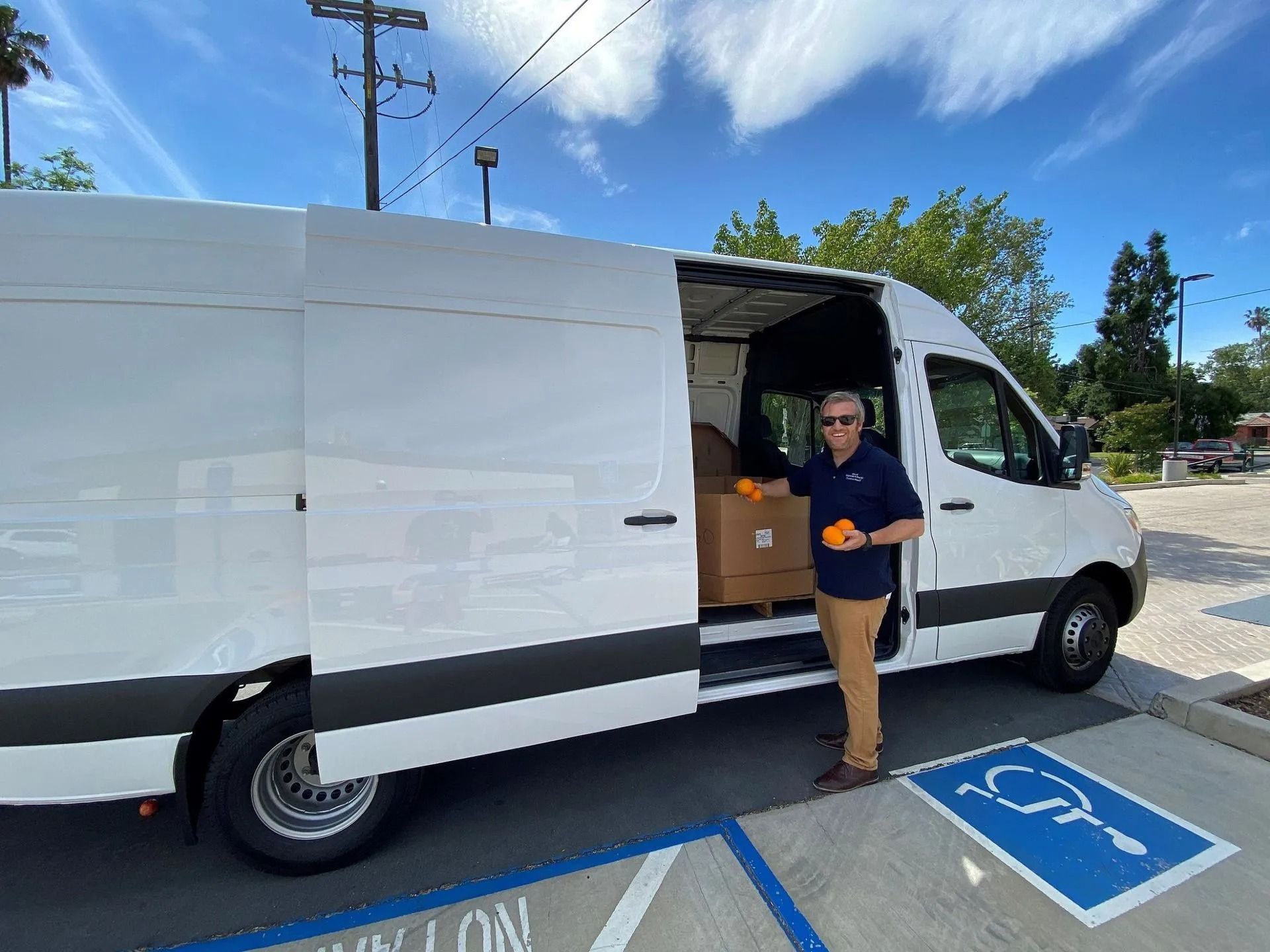 Person standing beside a white cargo van in a parking lot with blue accessible parking markings