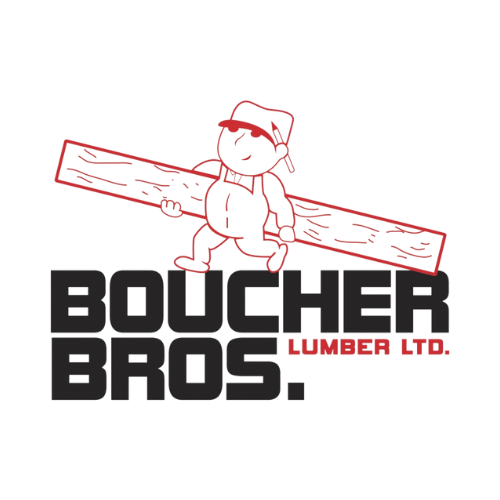 the logo for boucher bros lumber ltd shows a man carrying a piece of wood .