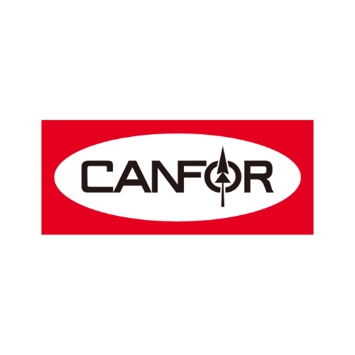 a red and white canfor logo on a white background