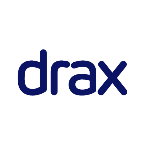 the word drax is written in blue on a white background .