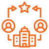 a line icon of a building surrounded by people and arrows .