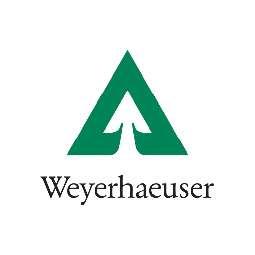 the weyerhaeuser logo has a green triangle with an arrow pointing up .