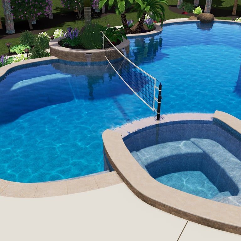 Backyard pool with a volleyball net, curved stone edges, and a small spa pool beside blue water