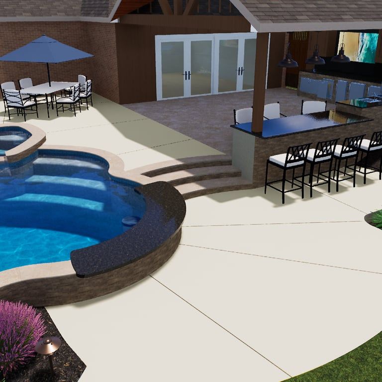 Poolside patio with tables, chairs, and sliding doors beside a blue swimming pool at a resort.