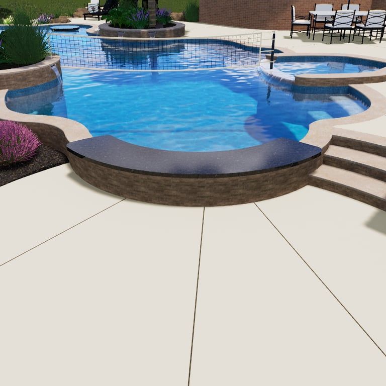 Outdoor swimming pool with blue water, curved stone edges, and tan pool deck with steps and patio furniture.