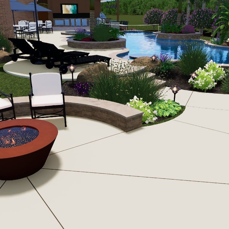 Modern backyard patio with pool, lounge chairs, and landscaped planters around a curved stone seating wall