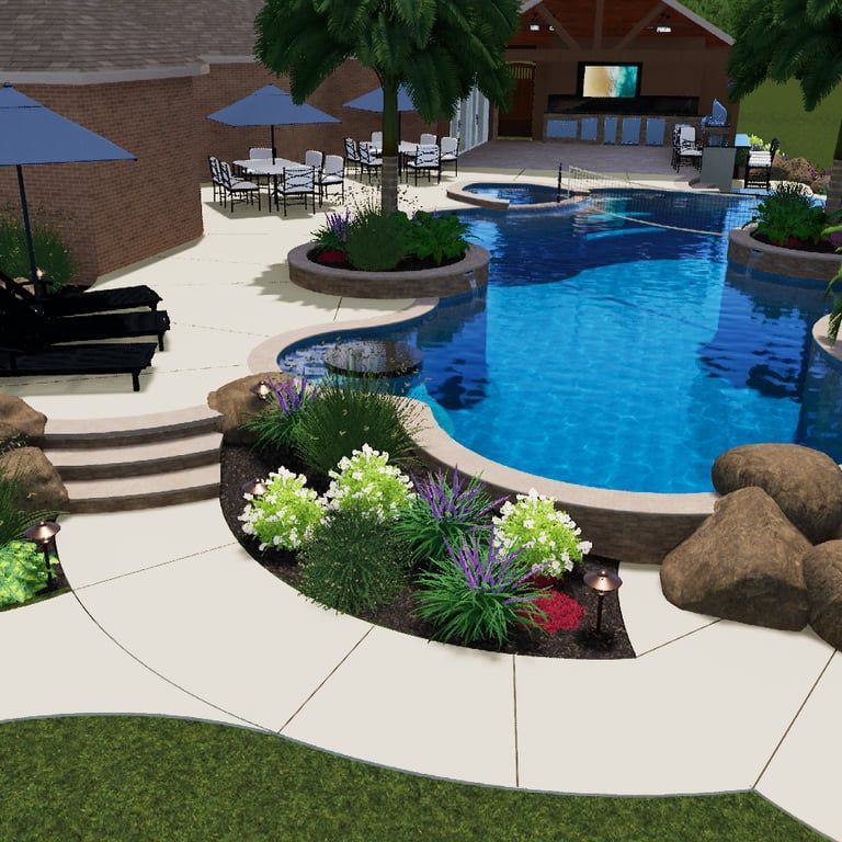Landscaped resort pool with curved blue water, lounge chairs, potted plants, and stone steps