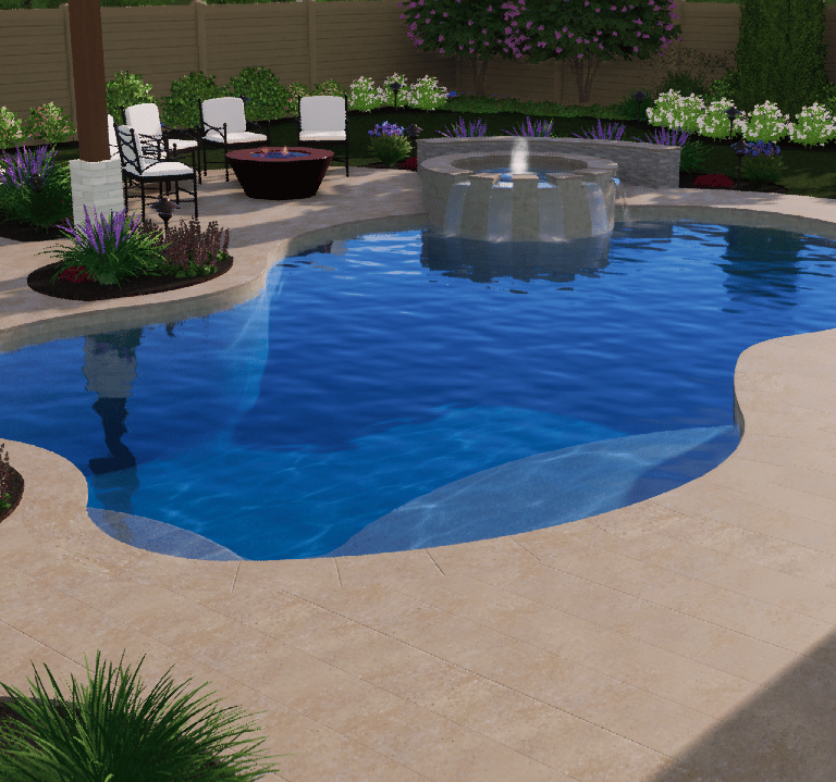 Backyard pool with a small fountain, patio chairs, and surrounding flower beds