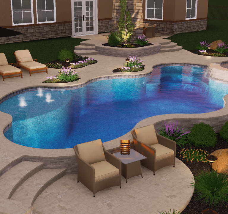 Backyard pool with curving blue water, stone patio, lounge chairs, and a small seating area.